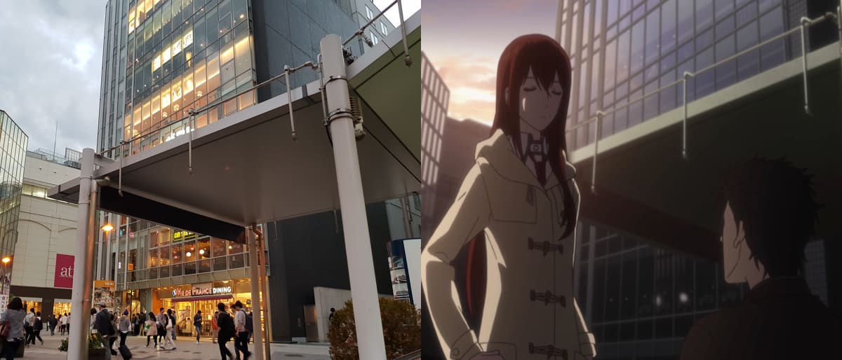 Anime Pilgrimage: Okarin & Kurisu at Akihabara stairs.